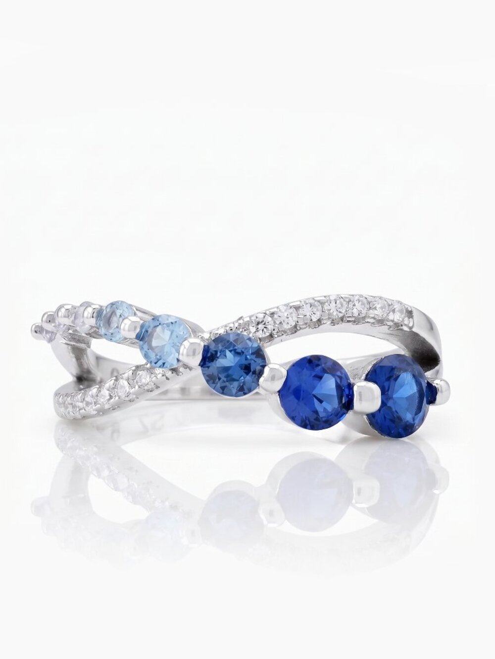 Blue Sapphire Swarovski crystal criss cross ring, 925 Sterling Silver